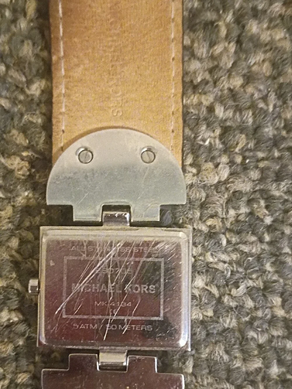Michael Kors Silver Rectangular Dial Watch with Brown Leather Strap